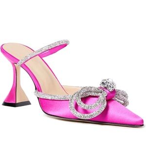 NWT Pink Satin Rhinestone Bow Mule Heels